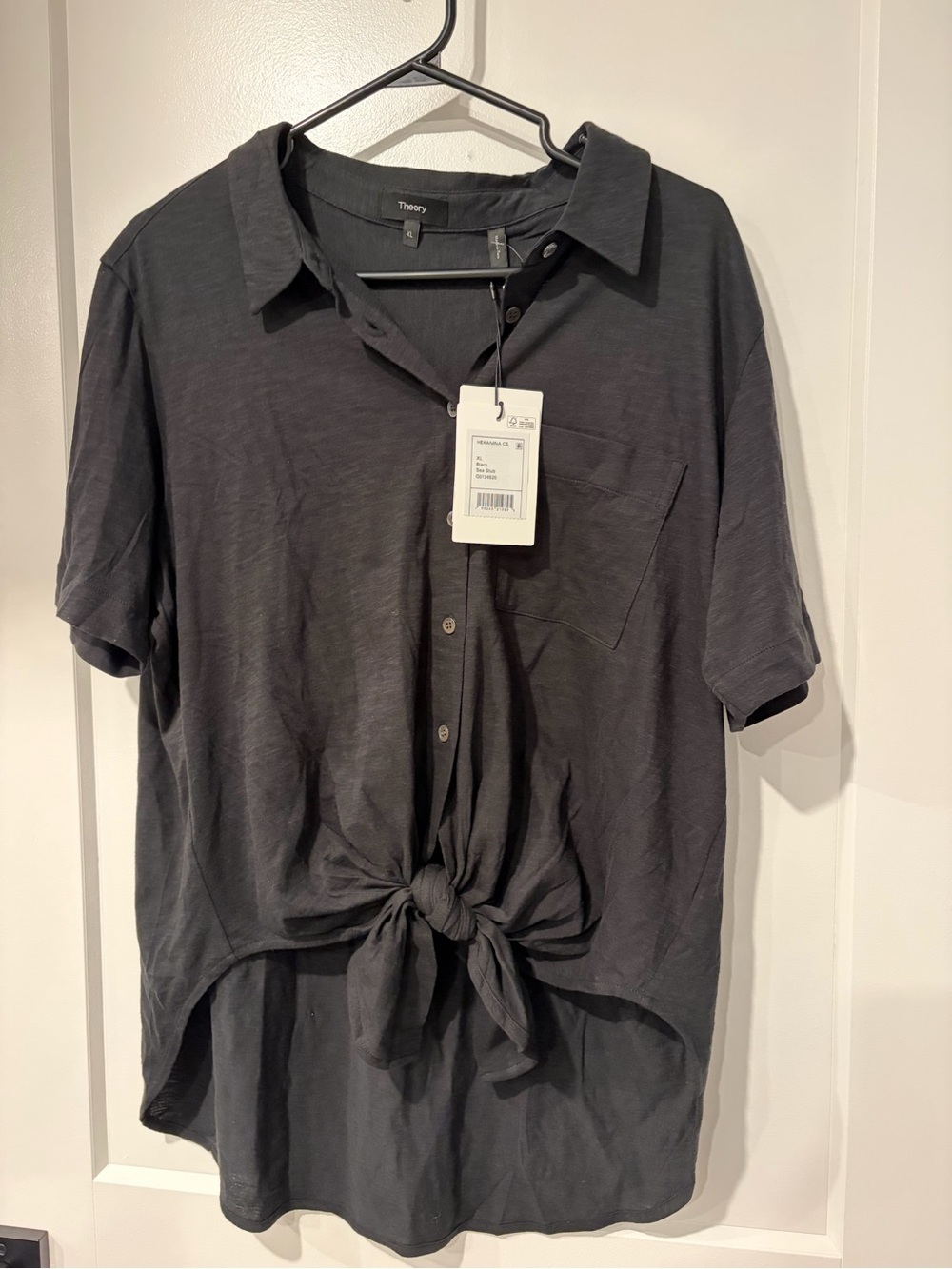 Theory Black Short-Sleeve Button-Down Tie-Front Shirt - Picture 3 of 5